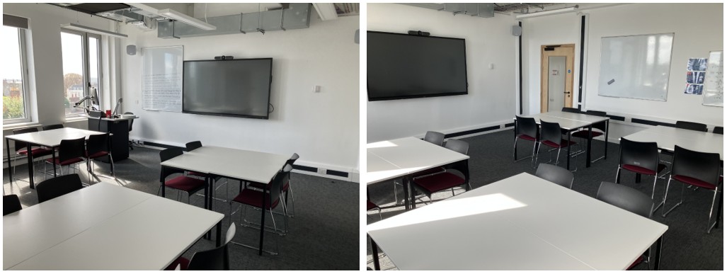 Classroom with groups of tables and chairs.